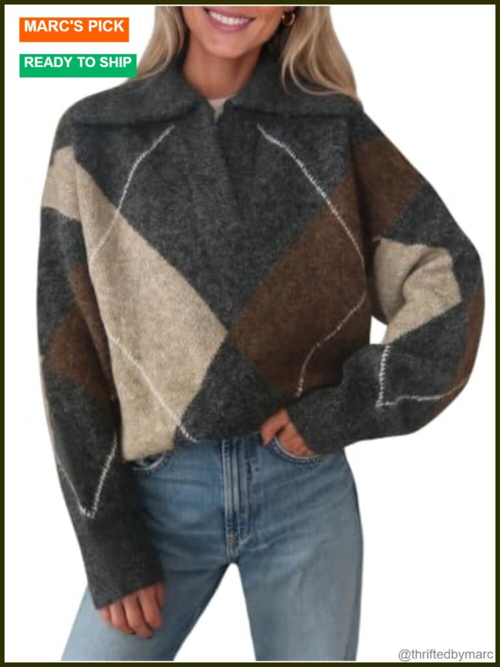 Women's Argyle Knit Pullover Sweater Collared V-Neck Long Sleeve